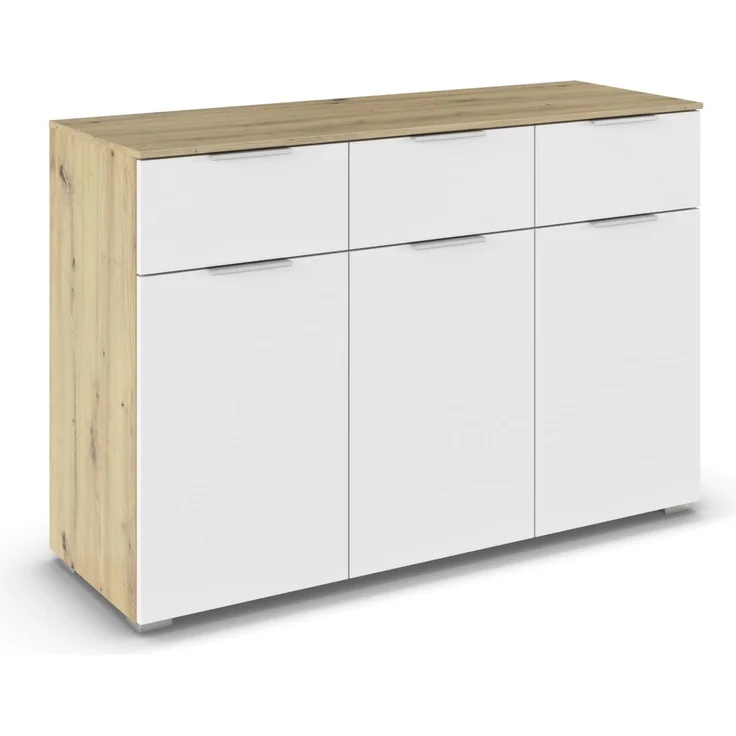 Rauch Möbel Alabama, Kommode für Schlafzimmer, Kinderzimmer, Garderobe, Flur, 3-türig, mit 3 Schubladen, Soft-Close-Fuktion, Farbe Weiß/Eiche Artisan, Holz, Griff Alufarben, Maße 120x81x42cm