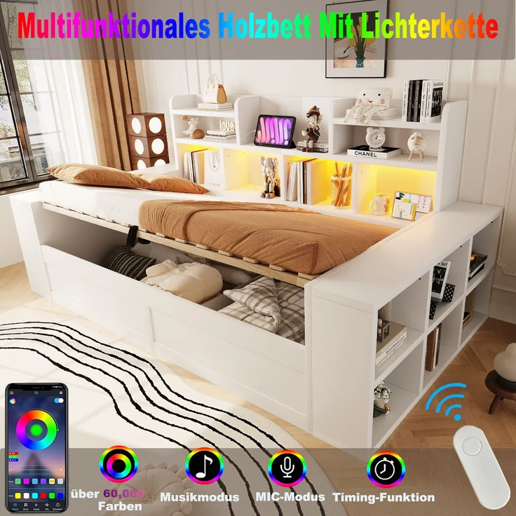 Abrihome multifunktionales Schlafsofa aus Holz, Weiß, 90x200 cm, Hydraulik-Stauraum, LED, Steckdose – Bild 9