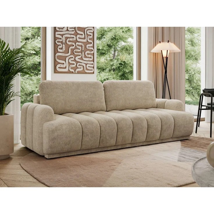 Schlafsofa ACCORDO 3-Sitzer mit Schlaffunktion, DL-Mechanismus, Wellenfederung & Massivholz, freistehend rundum bezogen - Beige Schenille grob gewebt – Bild 1