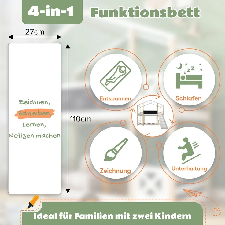 Etagenbett 90x200 cm mit Rutsche & Tafel, Hausbett aus Kiefer, Hochbett mit Leiter, sicher & spielerisch für Kinderzimmer – Bild 7