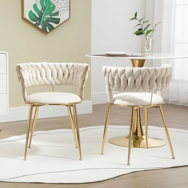 Esszimmerstuhl Samtstoff 2-teiliges Set, mit ergonomischer Rückenlehne, Hohlbünst-Design, gepolstert, Metallbeine goldfarben – Bild 4