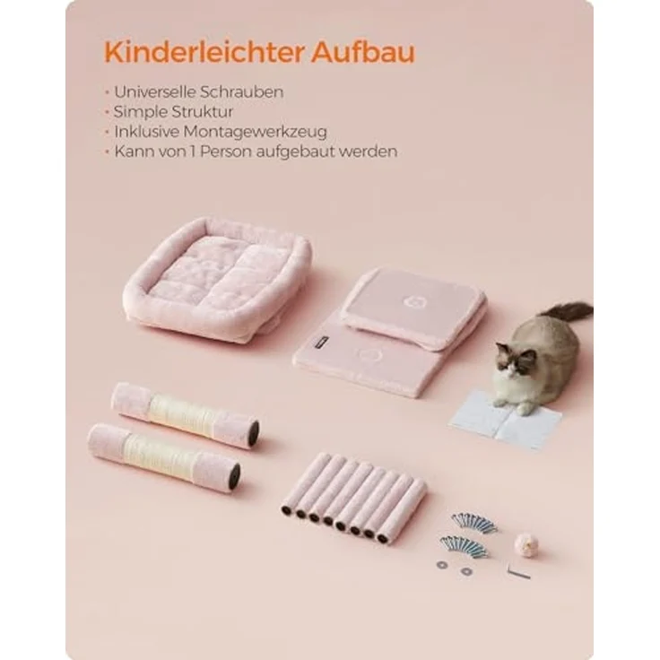 Feandrea Kratzbaum, 84 cm Katzenbaum, L, Katzenhaus für große Katzen bis zu 7 kg, große Plattform, 2 Katzenhöhlen, Sisalstämme, pastellrosa PCT061P01 – Bild 7