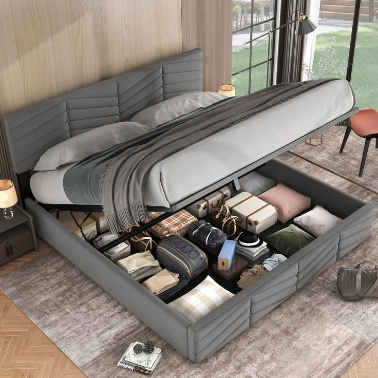 Novelux Polsterbett 180x200 cm mit Stauraum und Lattenrost – hydraulisches Samtbett in Grau, Doppelbett mit höhenverstellbarem Kopfteil – Bild 3