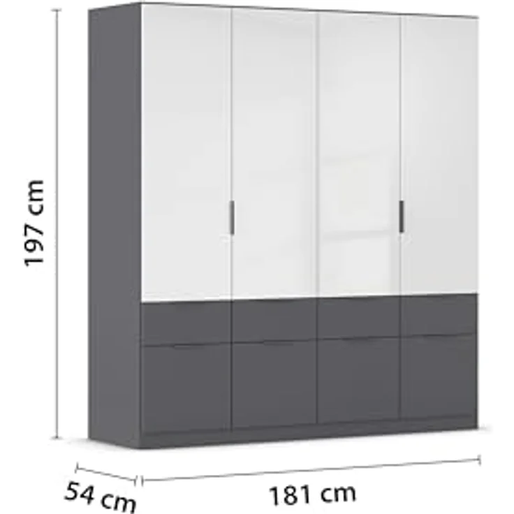 Rauch Möbel Aberdeen, Drehtürenschrank, Kleiderschrank, Garderobe, 4-türig, 8 Schubladen in Absetzung Grau metallic, Schwarz, Farbe Grau metallic/Hochglanz weiß, Griffe Grau metallic, 181 x 197 x 54 cm – Bild 4