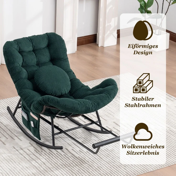 LVHOM Schaukelstuhl mit ausziehbarer Fußstütze, Rattanstuhl mit Stahlrahmen, Schaukelsessel mit gepolstertem Kissen und Seitentasche, Lounge Sessel, 1 St, Dunkelgrün – Bild 8