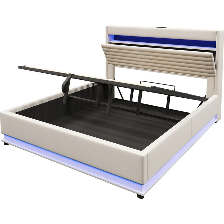 Merax Polsterbett, 180x200 cm, Doppelbett Mit USB Typ-C Ladefunktion, LED-Beleuchtung, Hydraulische Lagerung, Flip-Top-Aufbewahrungsfach, Ohne Matratze, Leinen, Beige – Bild 8