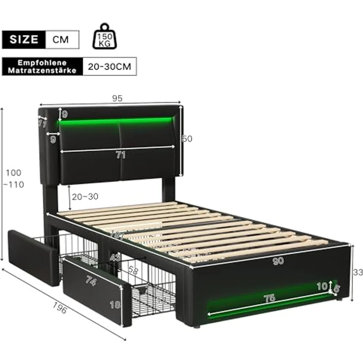 Ball & Cast Jugendbett (90x190 cm) mit 4 Schubladen, Stauraumbett mit Beleuchtung, USB und kabelloser Ladestation, Polsterbett Einzelbett ohne Matratze, Schwarz – Bild 2