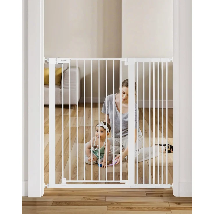 COMOMY 107 cm Extra Hoch Türschutzgitter, 75-110 cm Breit Treppenschutzgitter ohne Bohren, Türgitter für Baby, Kinder, Hund und Katze, Metall, Automatisches Schließen, 90°Stop (Weiß)