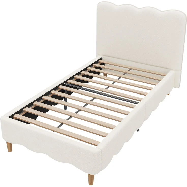 Merax Polsterbett, Einzelbett, Kinderbett 90 x 200cm, Bett mit Lattenrost und Kopfteil, Bettbeine aus Massivholz, gepolstertes Kopfteil, bouclé, Weiß – Bild 9