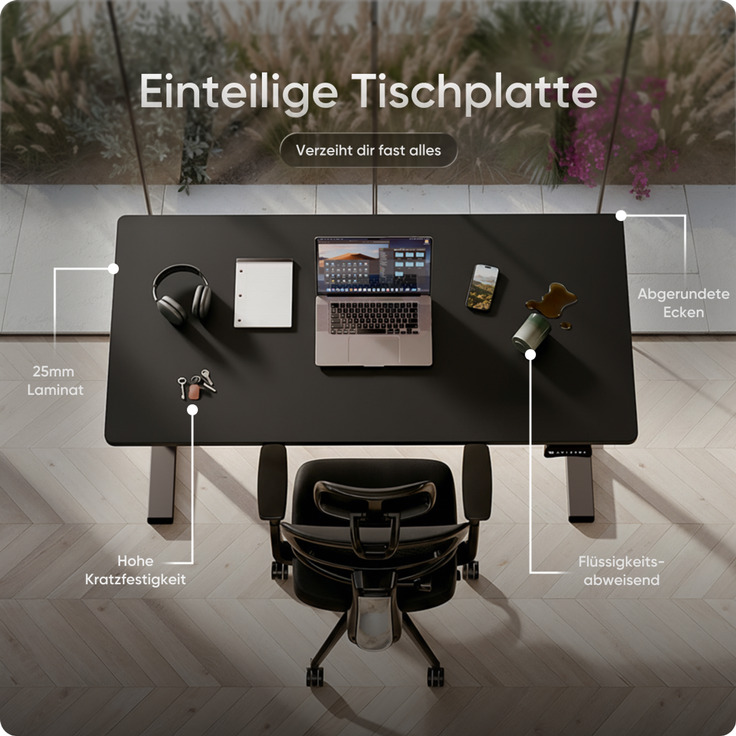 DESKSPACE PRO Plus Elektrisch höhenverstellbarer Schreibtisch, 140x70 cm Stehpult mit Memory-Funktion, Schwarze Tischplatte, Graues Gestell – Bild 8