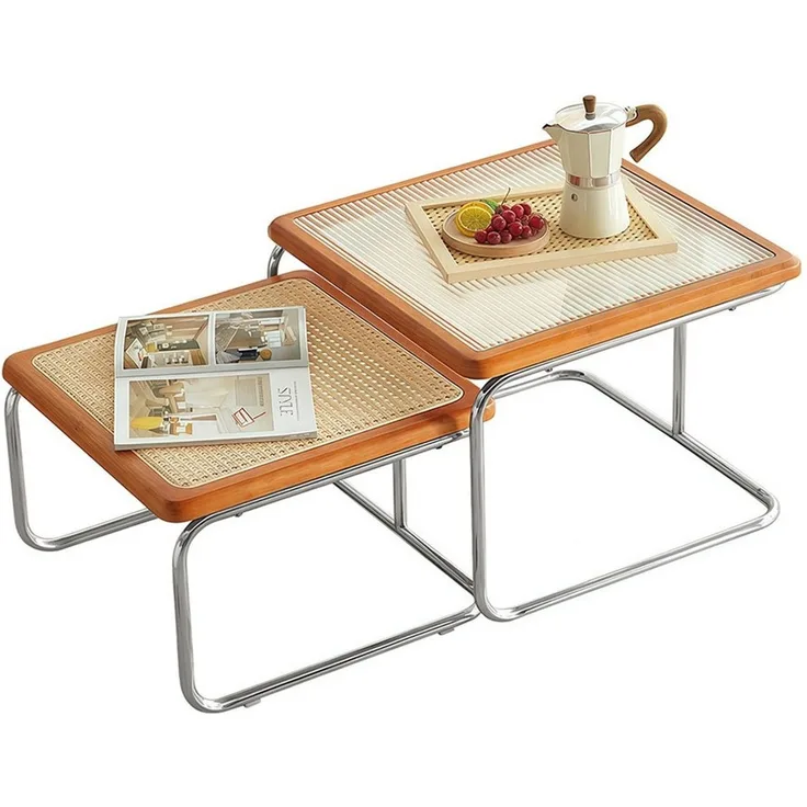 PFCTART Couchtisch 2er Couchtisch Set mit Glas & Rattan im Nesting-Design (2-St, 56/50 cm Beistelltisch für Wohnzimmer, Sofa & Lounge), Platzsparend stapelbar, Metallgestell & Kautschukholzrahmen