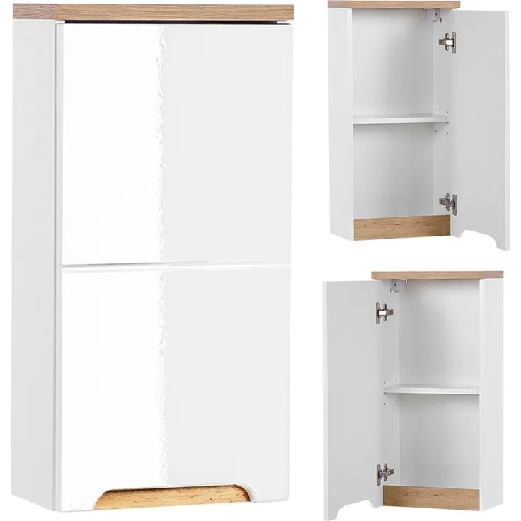 Badezimmer Hängeschrank SOLNA-56, Hochglanz weiß mit Wotaneiche, B x H x T ca. 35 x 70 x 20cm