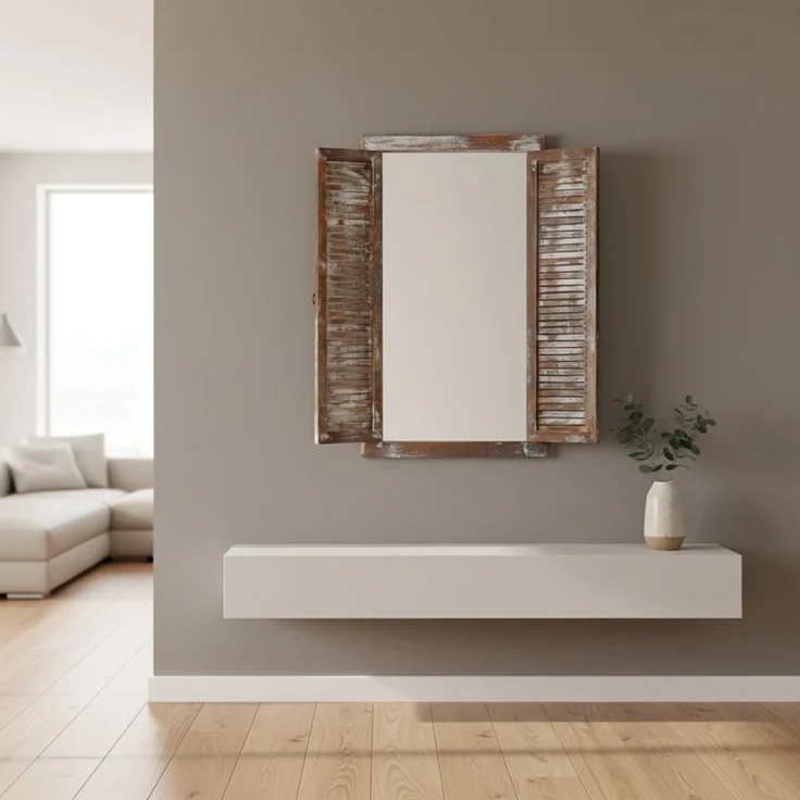 Wandspiegel quadratisch Braun Bilderrahmen Fensterladen Fotorahmen Flur Holzdeko – Bild 7