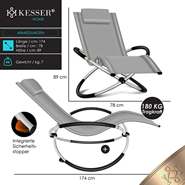 KESSER® Relaxliege Liegestuhl | Gartenliege Sonnenliege | Gartenstuhl | Klappstuhl faltbar | Schwungliege | Schaukelsessel | ergonomische Relaxsessel | wetterfest | 180 kg Belastung (Grau) – Bild 3