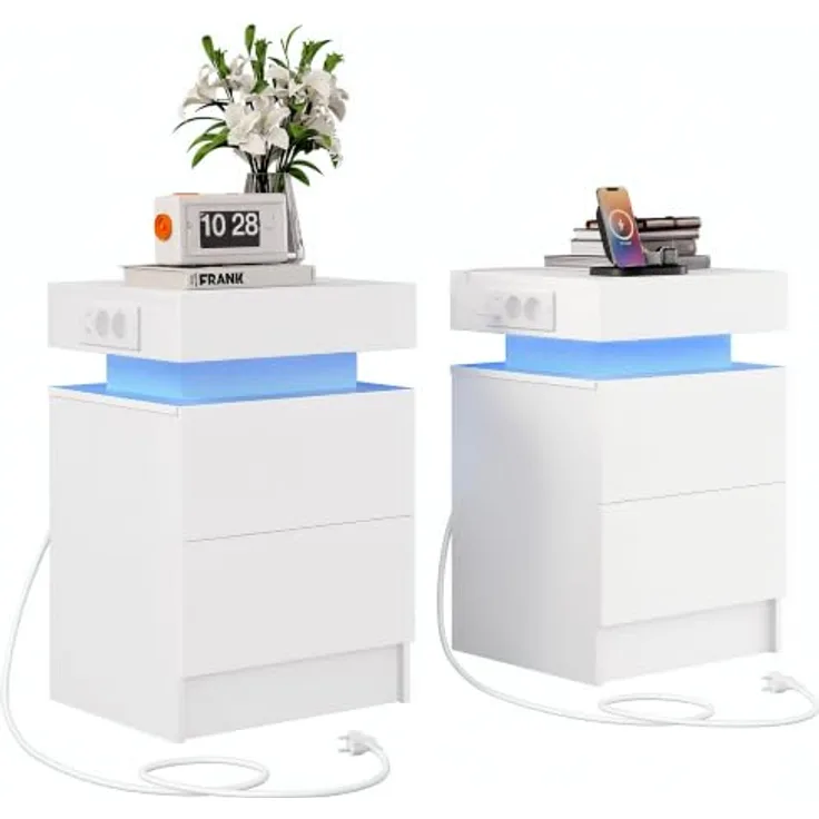 IRONCK Nachttisch 2er Set, Nachtschrank mit LED-Beleuchtung | Beistelltisch mit Ladefunktion, Steckdosen, USB & USB-C, 2 Schubladen, Kommode für Schlafzimmer Wohnzimmer, 35×40×60 cm, Weiß