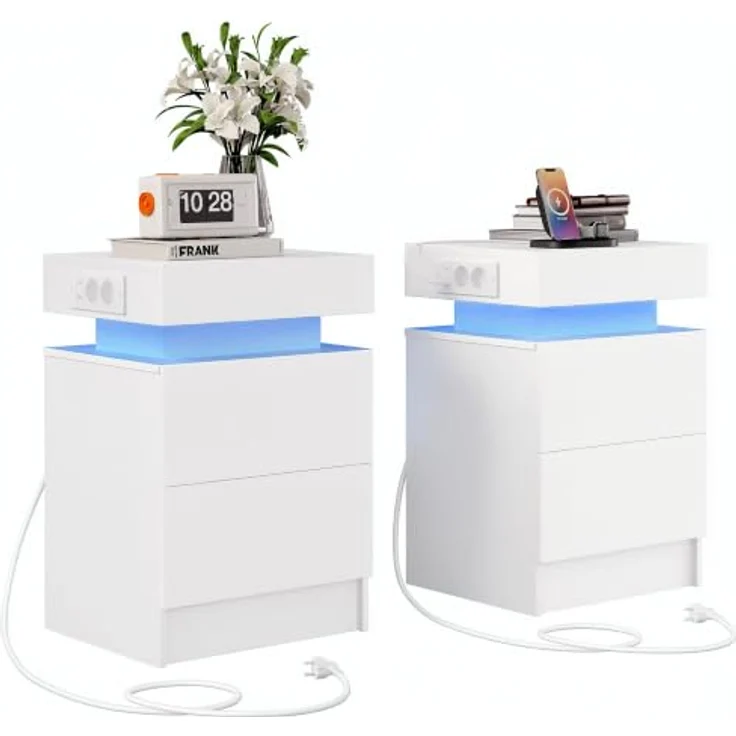 IRONCK Nachttisch 2er Set, Nachtschrank mit LED-Beleuchtung | Beistelltisch mit Ladefunktion, Steckdosen, USB & USB-C, 2 Schubladen, Kommode für Schlafzimmer Wohnzimmer, 35×40×60 cm, Weiß – Bild 1