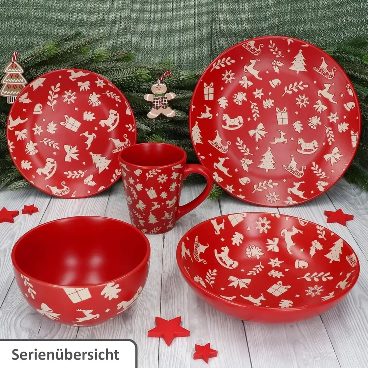 MamboCat Speiseteller 6er Set Advent Speiseteller Ø27cm Steingut Rot Weihnachten Essteller – Bild 5