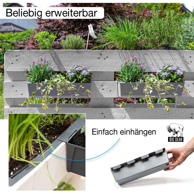 BigDean 24er Set Paletten Blumenkästen - Einsatz - mit Hängesystem zum Einhängen - 37cm Beton-grau - Pflanzkasten für Europalette Balkonkasten Blumentopf - aus recyceltem PP-Kunststoff – Bild 5