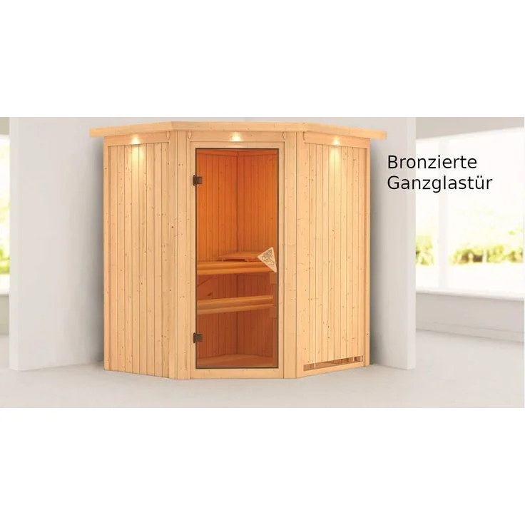 Karibu Sauna Taurin mit Dachkranz + 9kW Saunaofen mit ext. Steuerung Easy Klarglas Ganzglastür – Bild 5