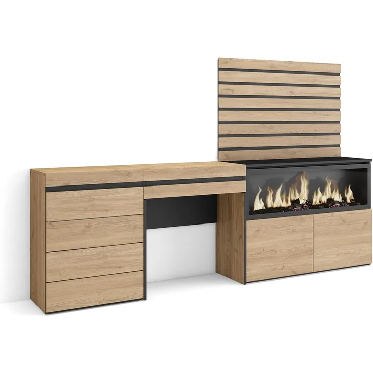 Skraut Home | Schminktisch | Frisiertisch mit Stauraum | 234 x 145 x 35 cm | mit Schublade | Elektrokamin XXL | Kommode mit Schubladen | Lamellenwand Holz | Moderner Stil | Eiche