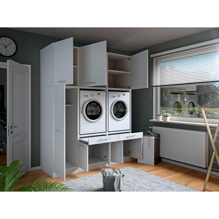 Laundreezy Waschraum Komplett-Set, Weiß - Modulares Schranksystem für Waschküche & Hauswirtschaftsraum - 186 x 238 x 68 cm (B/H/T) – Bild 2