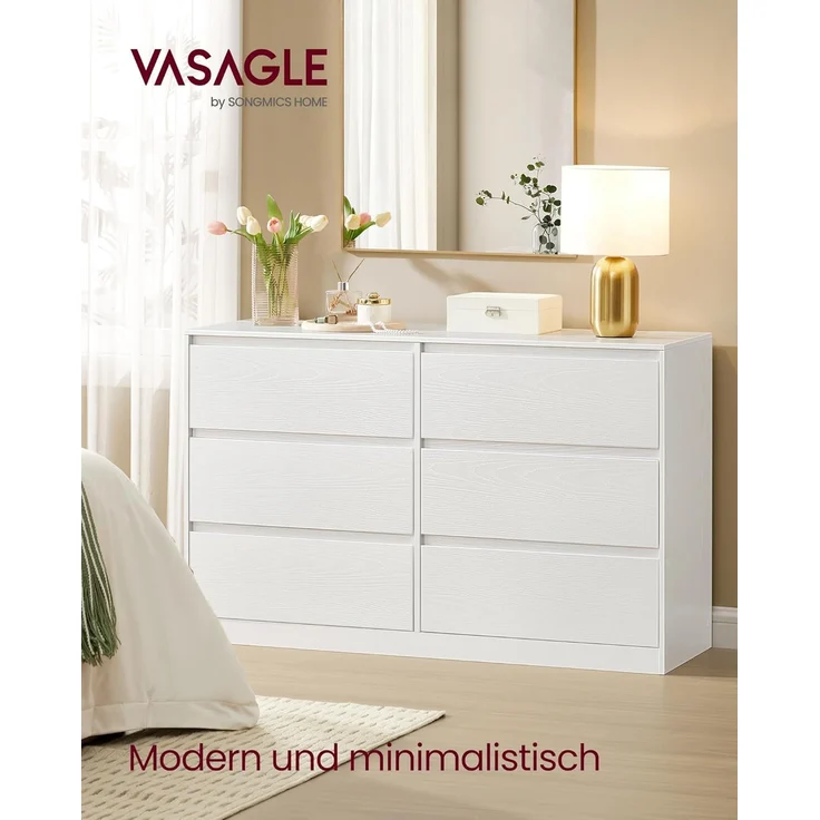 VASAGLE 'Kailyn Kollektion' Kommode mit 6 Schubladen, Aufbewahrungsschrank, Wäschekommode, für Schlafzimmer, modern, schneeweiß, 40x119,4x75 cm – Bild 2