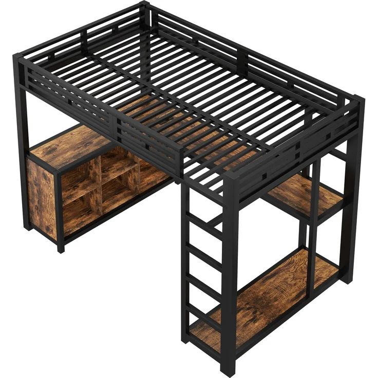 U-life Metall-Hochbett, Etagenbett, Loftbett, 140x200 cm, für Schlafzimmer, Jugendzimmer, kleine Wohnungen, mit integriertem Arbeitsbereich, LED-Beleuchtung, USB-Anschlüssen, viel Stauraum, offenem Kleiderschrank, sicherer Treppe, MDF + Metall, modern,... – Bild 7