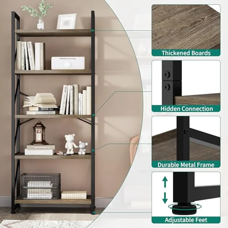 YITAHOME Bücherregal, Standregal mit 5 Ebenen, Hohes Lagerregal mit Metallrahmen, Industrielles Ausstellungsregal, Regaleinheiten, für Wohnzimmer, Schlafzimmer, Homeoffice, Küche, Grau Regal – Bild 8