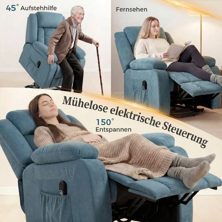 Wohnora-Aufstehsessel mit weichem Bezug, Recliner-Sessel mit Fernbedienung und Seitentaschen, Blau,H 1050cm x T 940cm x B 920cm – Bild 5