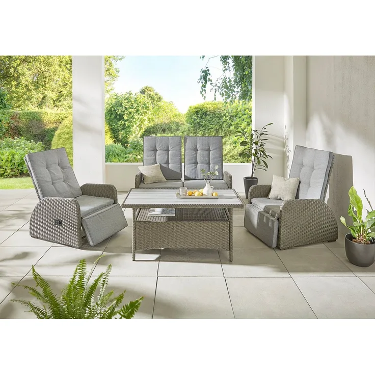 KONIFERA Gartenlounge-Set Vigo, (Set, 8-tlg, 2x Sessel, 1x 2er Sofa, 1x Tisch 120x60x60cm, inkl. Auflagen), Polyrattan, Aluminium, verstellbare Rückenlehne und Fußablage