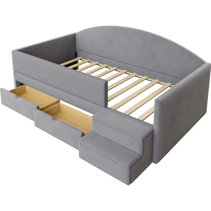 Polsterbett Sofabett,90*190cm,Multifunktionsbett,Mit Zwei Schubladen und Zäunen,Mit Stufen,Hautfreundlicher Samtstoff,ohne Matratze,Hellgrau – Bild 6