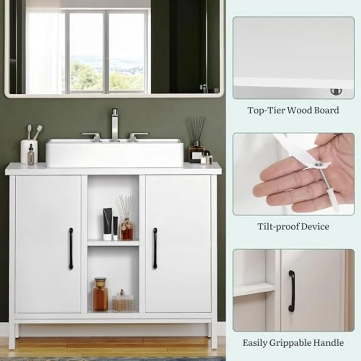 YITAHOME waschbeckenunterschrank mit Zwei geschlossene Schrankelemente, Bad unterschrank 70 cm breit, badezimmerschrank mit offenen Regalen, unterschrank waschbecken, Weiss – Bild 6