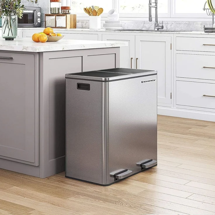 Songmics Mülleimer mit 2 Fächern und Softclose, luftdicht inkl. Müllbeutel, Metall, 60 (2x30) Liter, Silber – Bild 3