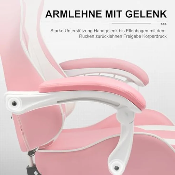 GTPLAYER Gaming Stuhl Bürostuhl Massage Gaming Sessel Ergonomischer Gamer Stuhl mit Fußstütze, Kopfstütze Massage-Lendenkissen, Gepolstert Gaming Chair, Drehsessel, rosa – Bild 4