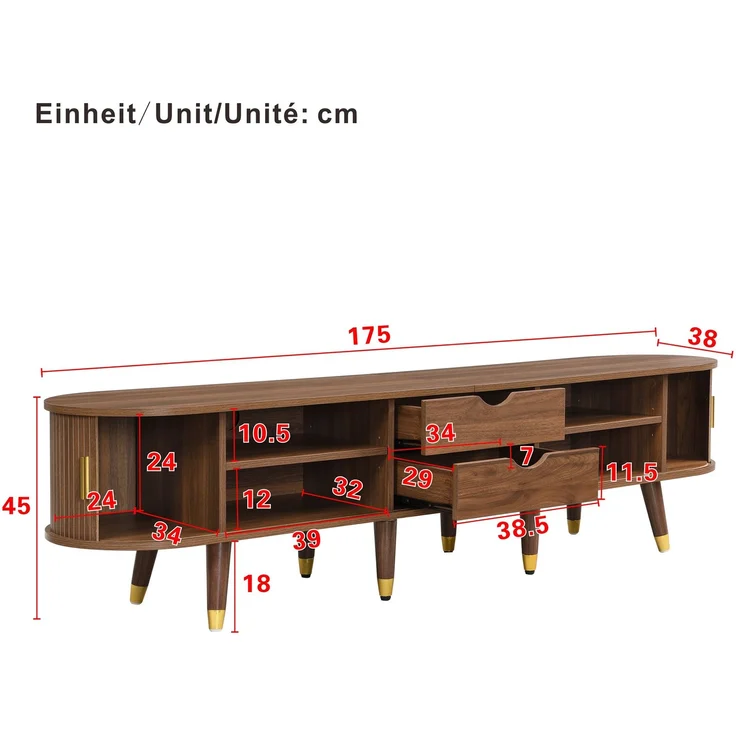 3-teiliges Wohnzimmerset 175cm×38cm×45cm – Couchtisch mit Hubplatte, TV-Schrank und Sideboard in Nussbaum – Bild 7