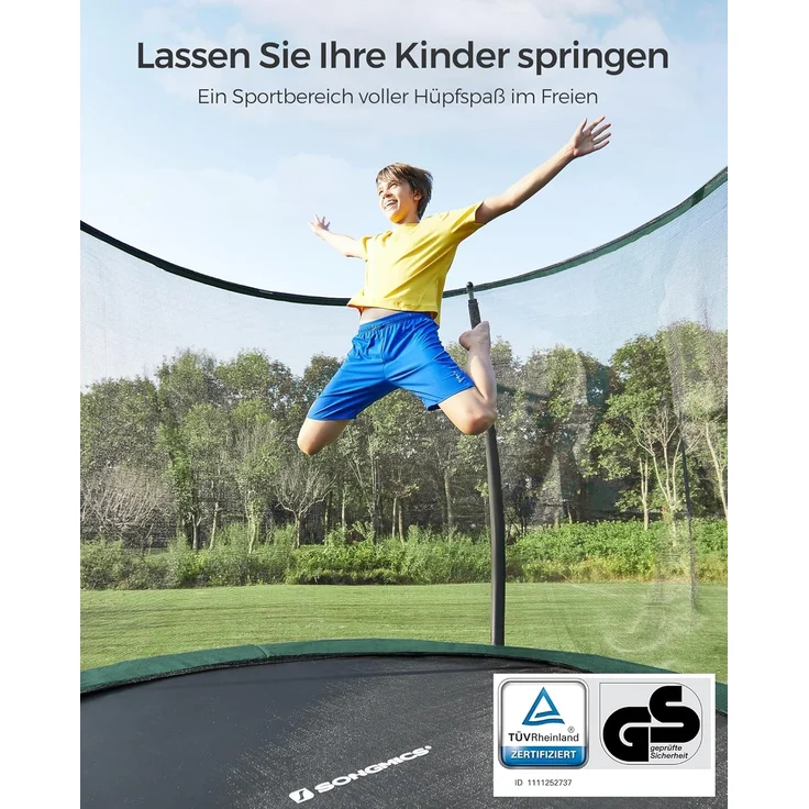 Songmics Trampolin mit Leiter, Sicherheitsnetz und gepolsterten Stangen, Stahl dunkelgrün, Ø 427 cm – Bild 2