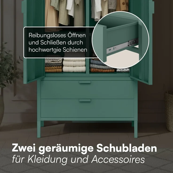 skølm 'Ituri' Kleiderschrank mit 2 Schubladen, Metall, 170x45x80 cm, dunkelgrün, Garderobe mit 4 Fächern und 2 Kleiderstangen – Bild 5