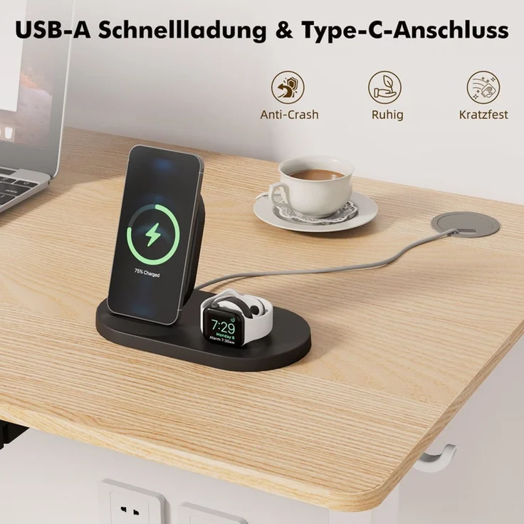 HOMAVO höhenverstellbarer Schreibtisch 70×140 cm, mit Memory- und Anti-Kollisionsfunktion, USB-A- und USB-C-Anschlüssen, Höhe 70–120 cm, Natu – Bild 5