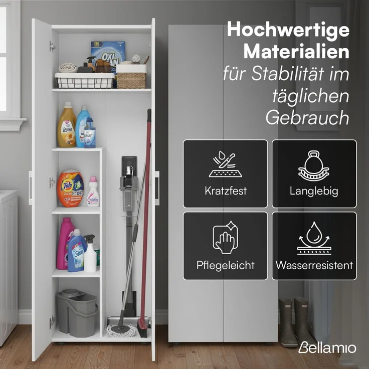 Bellamio 'Apol' Mehrzweckschrank, weiß, 176x33x60 cm, Besenschrank mit Staubsaugerfach und 4 weiteren Fächern – Bild 5