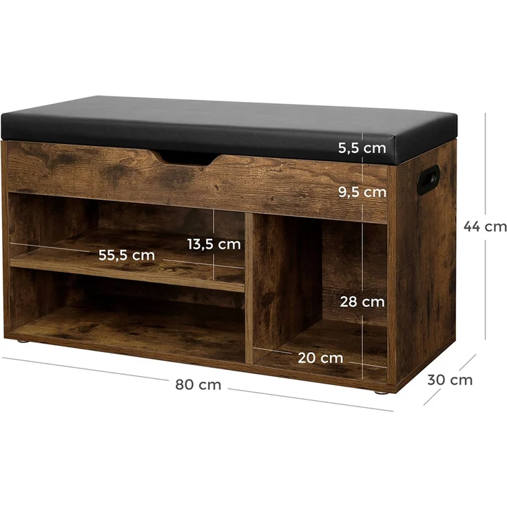 Vasagle Schuhbank mit 3 Fächern und Stauraum, Holzspanplatte Vintage/Dunkelbraun, 80 x 30 x 44 cm – Bild 4