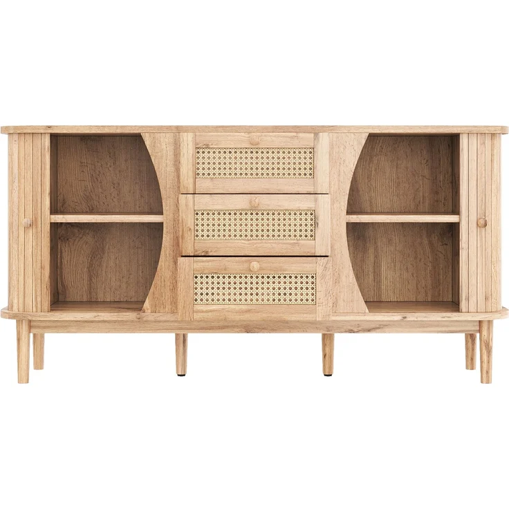 Merax Sideboard, Rattan, mit Schiebetüren, verstellbaren Einlegeböden und abgerundeter Platte, Holzfarbe, 76 x 140,5 x 40 cm – Bild 9