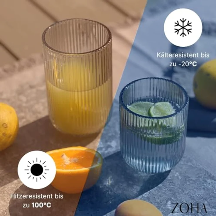 Zoha Glas Riffle Cup 400ml für Kalt- & Heißgetränke, Spülmaschinenfest, Stilvoll, 8-tlg, Borosilikatglas, hitzebeständiges Tassen Set für Kaffee, Matcha, Latte Macchiato, 8 St. – Bild 3