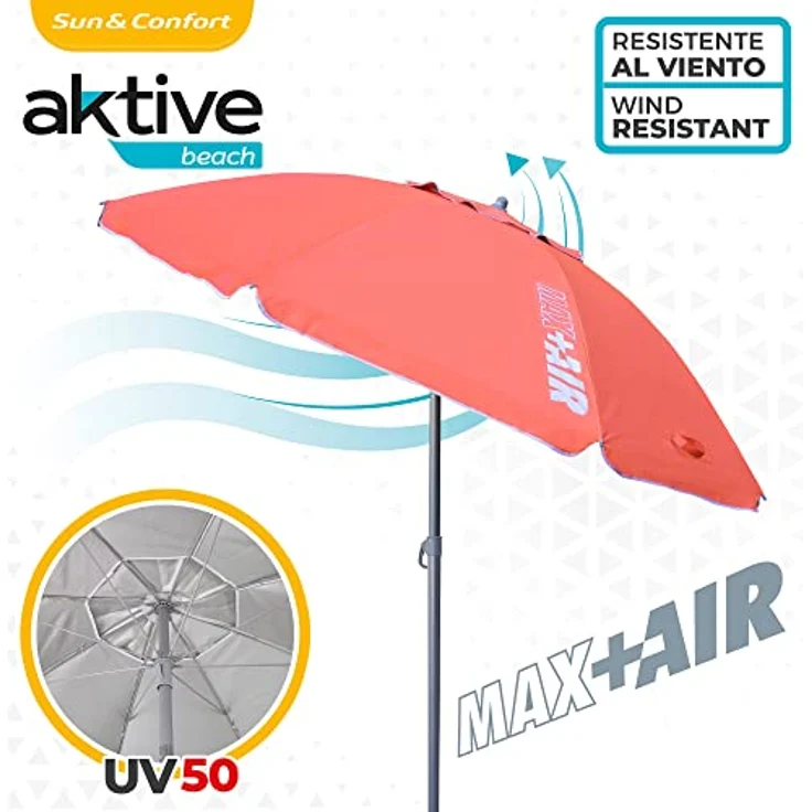 AKTIVE 62245 – Windfester Strandschirm mit UV50-Schutz Koralle | Maße Ø220 cm, höhenverstellbar | Windabweisend | Inklusive Aufbewahrungstasche mit Tragegriff – Bild 4