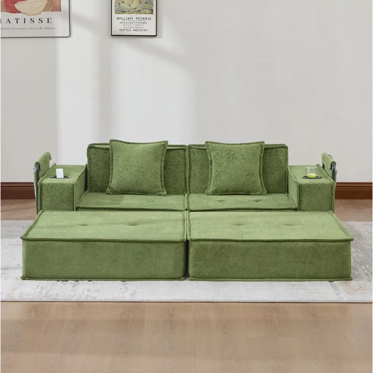 2-Sitzer-Sofa, Chenille mit Seitentaschen & 2 Kissen, 162x78x66 cm, Grün