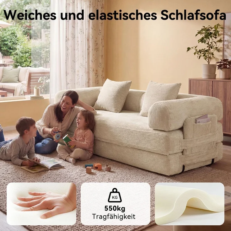 Aoxun Kordstoff Schlafsofa 200×97×70cm, 5-in-1 Umwandelbares Bodensofa, Hochdichter Schaumstoff, Haustierfreundlich, Keine Montage, Weiß – Bild 6