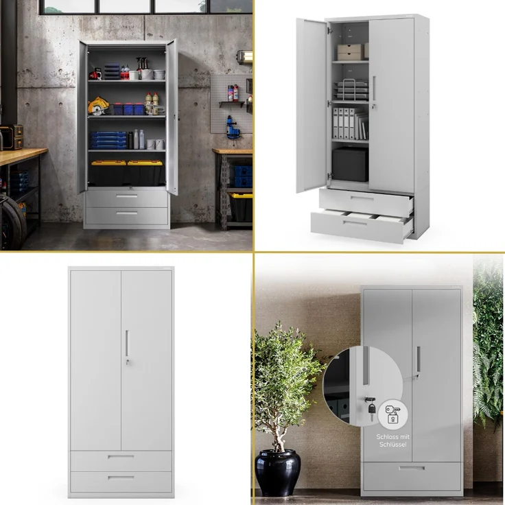 Metallschrank mit Doppel-Schublade RUEL - 195x90x40cm Grau | Büroschrank Aktenschrank Stahlschrank Fachbodenschrank Werkstattschrank – Bild 7