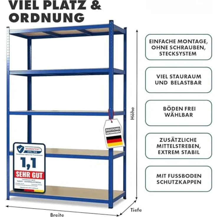 Floordirekt Schwerlastregal, 2er Set, blau 180 x 90 x 40 cm Steckregal, Kellerregal, Lagerregal, Werkstattregal, Werkbank - 5 verstellbare Böden (Lakota) – Bild 3
