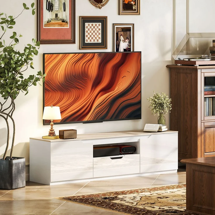 TV-Lowboard, Hochglanz, für Fernseher bis 65'', 3 Fächer, Schublade, 160 x 38 x 43 cm, Naturholz--Naturholz--160x38x43cm--YOUDENOVA – Bild 3