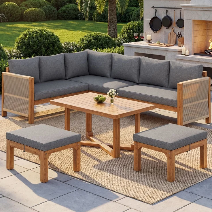 Merax Gartenmöbel-Set 6-tlg, Gartensofa mit Hocker und Tisch, Gartenloungeset Balkonmöbelset 8 Sitzer aus Akazie, Terassenmöbelset mit Kissen, Grau – Bild 6