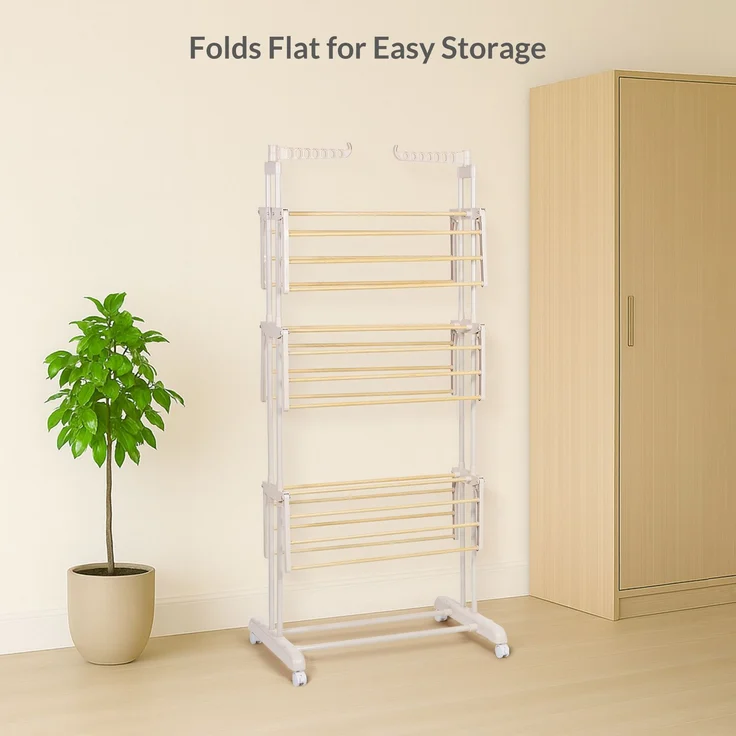 Todeco Wäscheständer Turm Klappbar 3 Ebenen, Metallrohre in Holzmaserung mit schwenkbaren Flügeln, Rahmen in Elegante Latte‑Elfenbein, Harmony Collection Turmwäscheständer auf Rollen – Bild 6